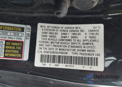 2012 Honda Civic Lx z USA, uszkodzony, nr VIN 2HGFG3B55CH565281